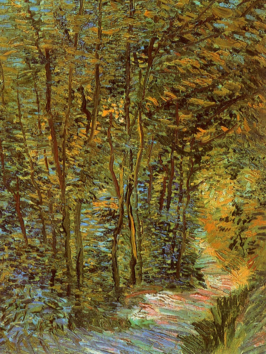 Pintura Path in the Woods, com trilha em destaque — metáfora visual do caminho de cuidado